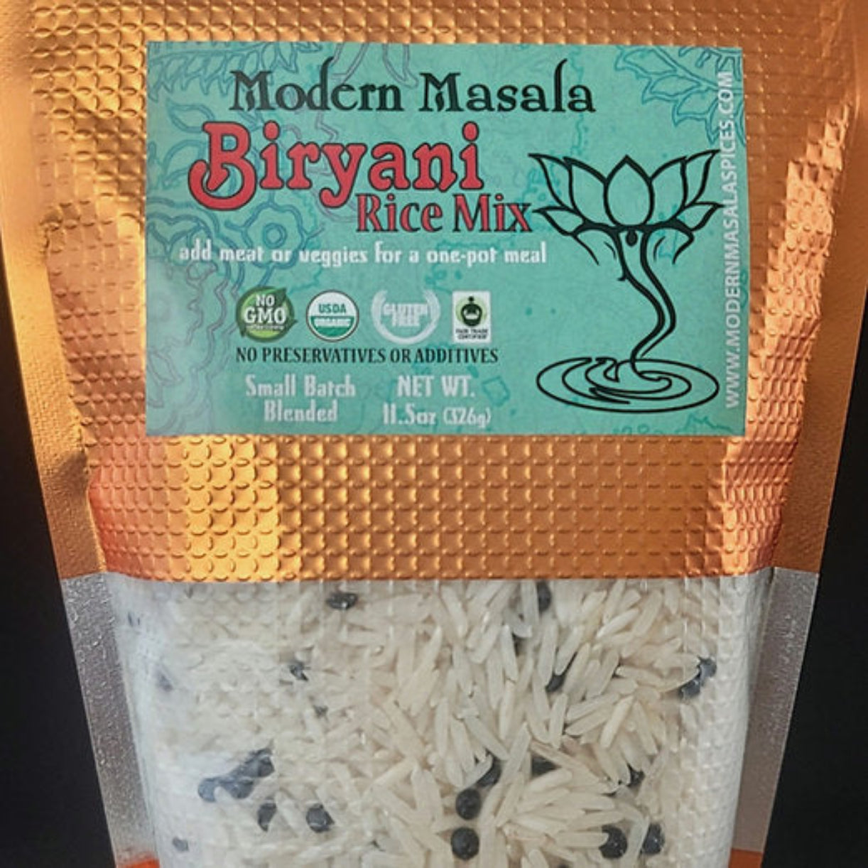 modern masala biryani rice mix package copper with clear window to rice mix image