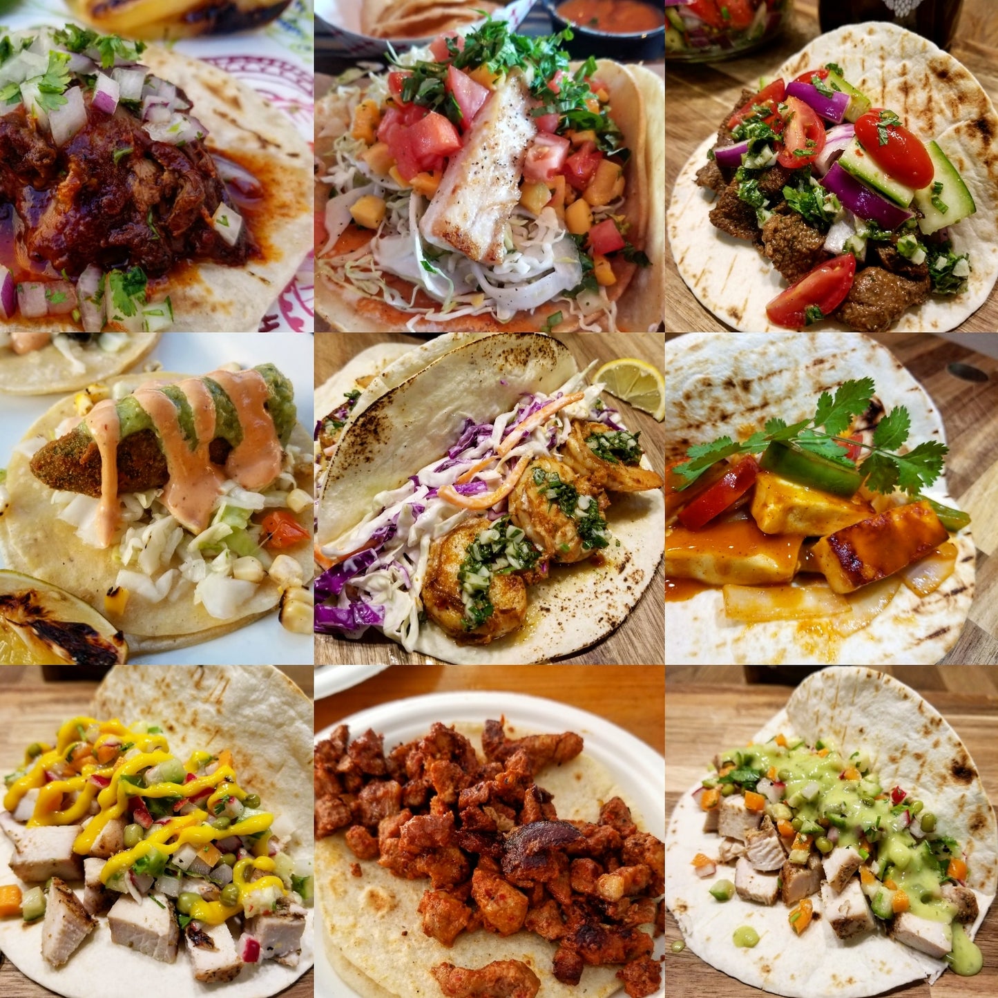 Collage picture of 9 different taco plates 