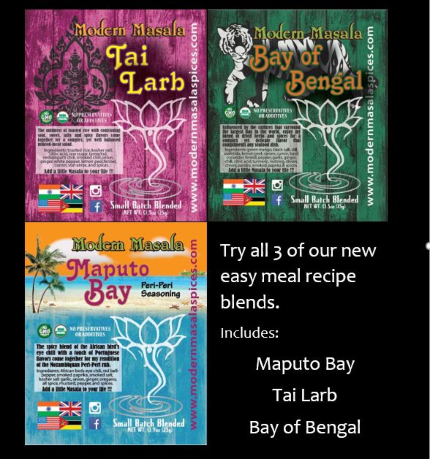 modern masala 3-Pack Easy Meals image featuring Thai Larb, Bay of Bengal and Maputo Bay Peri-Peri