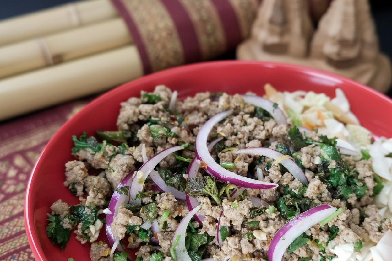 Thai larb ground meat in bowl with thailand decorations 