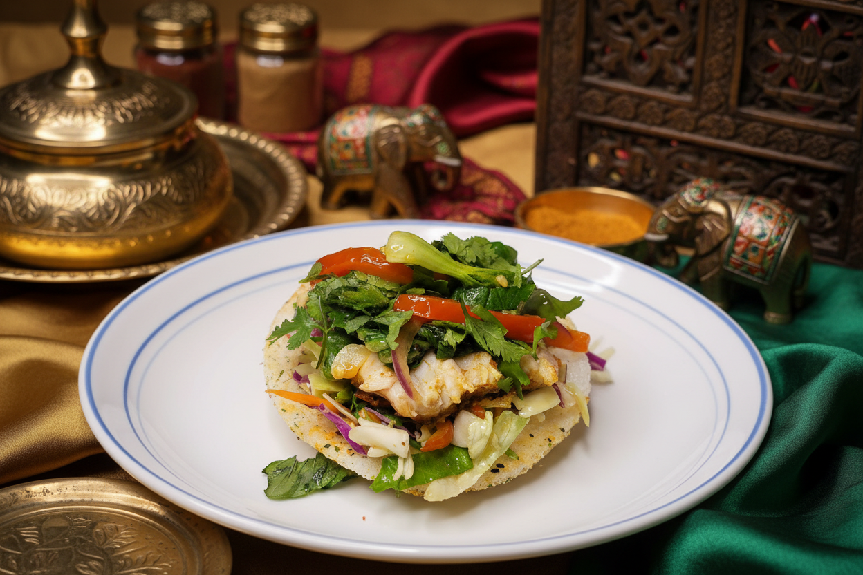 Plated dish with salad and bread on a decorative background