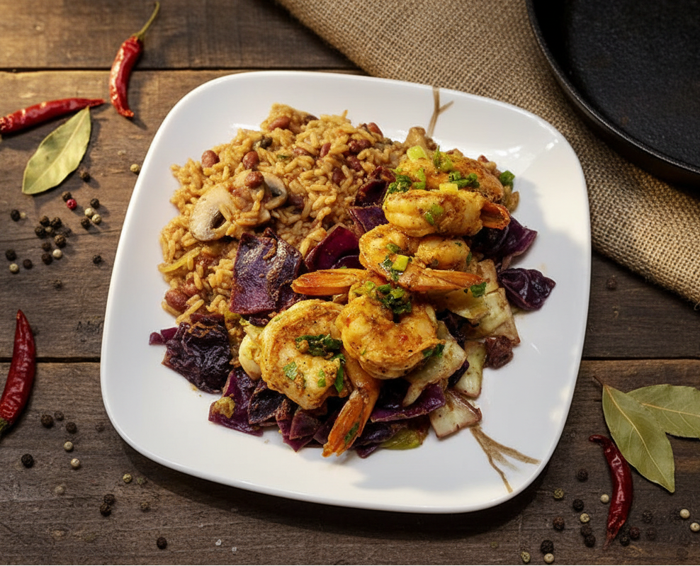 Plated dish of shrimp and vegetables, rice  on a wooden table with spices and peppers.