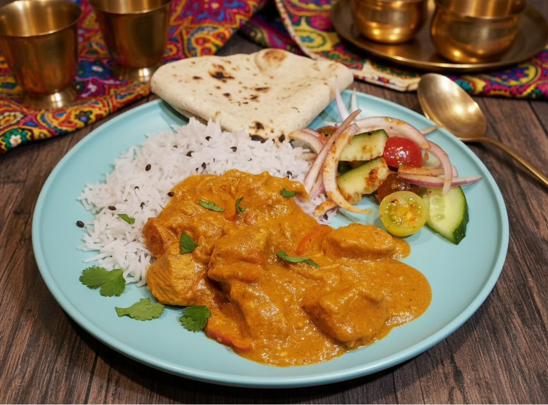 Plated dish of curry with rice, naan, and vegetables on a wooden table.