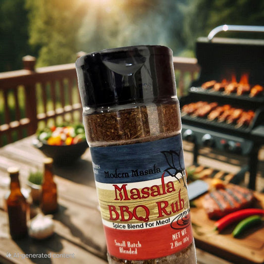 modern masala bbq rub seasoning bottle image with summer bbq in background