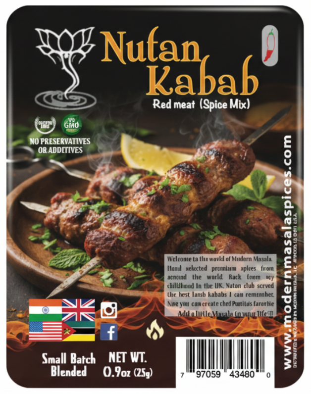 Nutan Kabab spice mix packaging with skewered meat and lemon wedge on a dark background